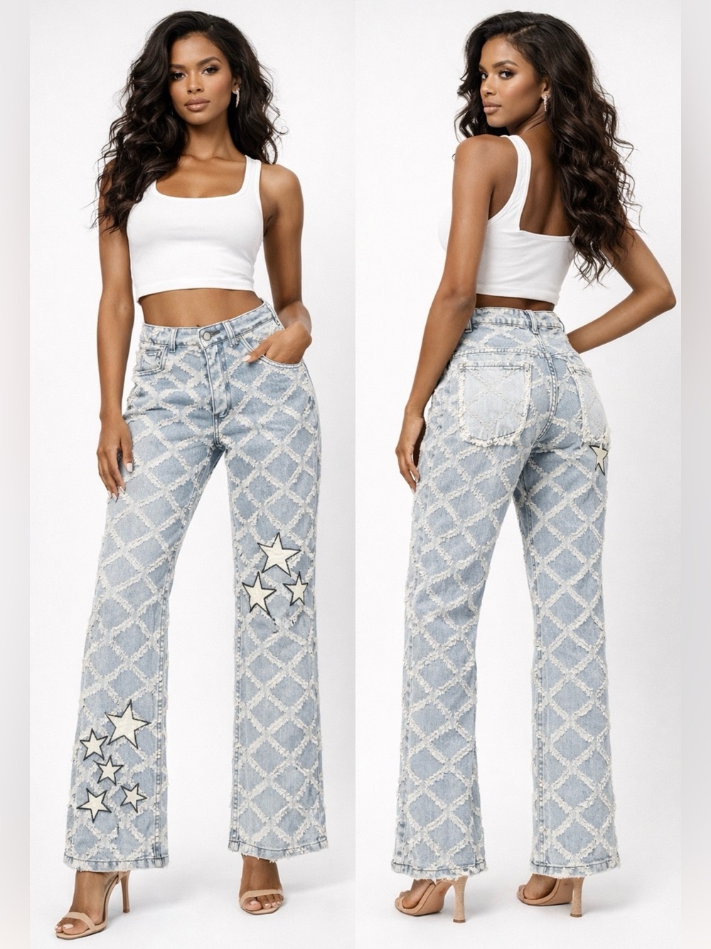 NWT Supermade High Rise Star Patch Rhombus Distressed Denim Straight Leg Jeans L